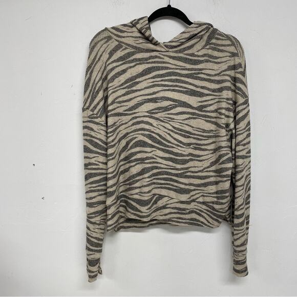 LNA Aritzia Tan & Black Animal Print Hoodie Sweatshirt Womens S Striped Cropped - Picture 1 of 8